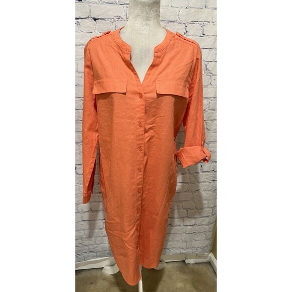 NWOT Calvin Klein Orange Roll-Tab-Sleeve Button-Front Linen Blend Shirtdress 12 - Picture 1 of 11